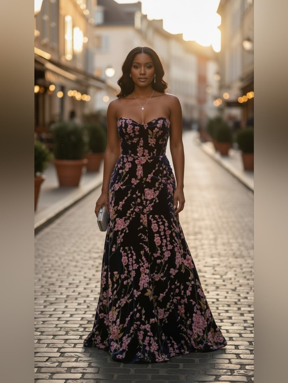Lulus Bloom In Mind Navy Velvet Floral Strapless Maxi Dress" Size L